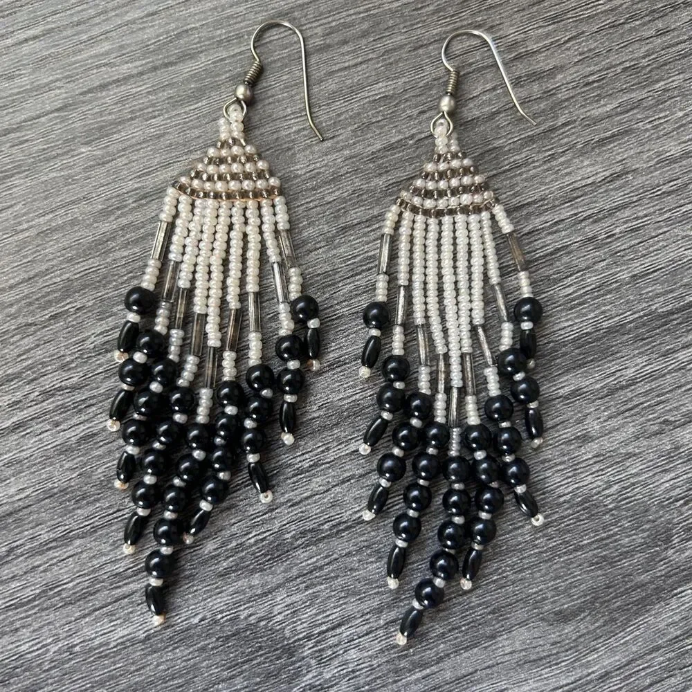 Black Silver Seed Bead Dangle Earrings Boho Fringe Handmade Style